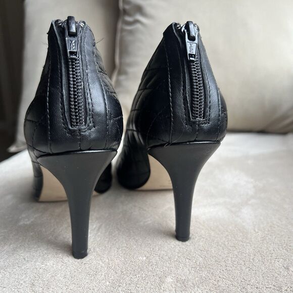 Neiman Marcus Quilted Black Leather High Heel Bootie Women 6 M Peep Toe Back Zip - Picture 10 of 16